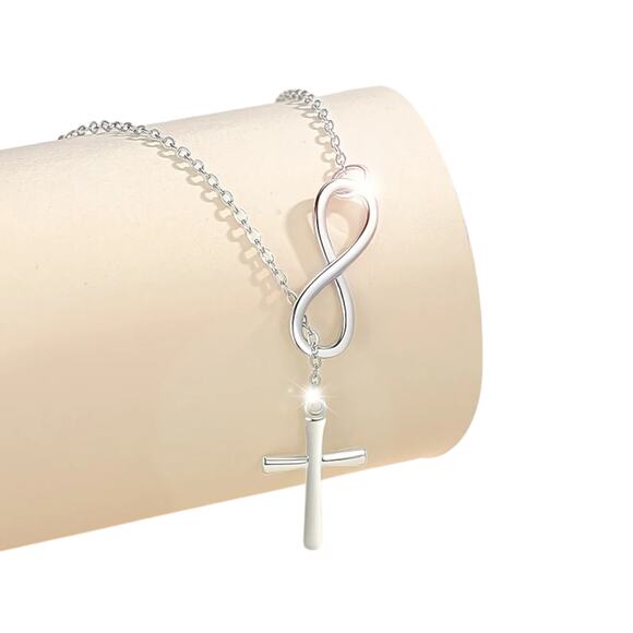 S925 Sterling Silver Plated Infinity Cross Necklace Y-Style Lariat Chain 40+5cm - Picture 1 of 6